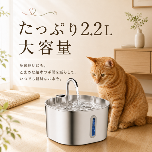 猫用自動給水器 2.2L ステンレス製循環型ファウンテン
