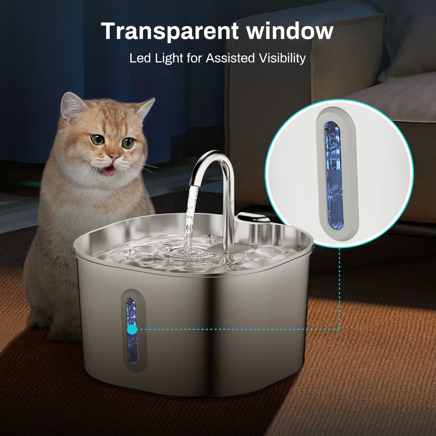 2.2L 自動猫用給水器 ステンレス製ペット用給水器 静音ウォーターポンプ 循環フィルター付き 透明窓付き