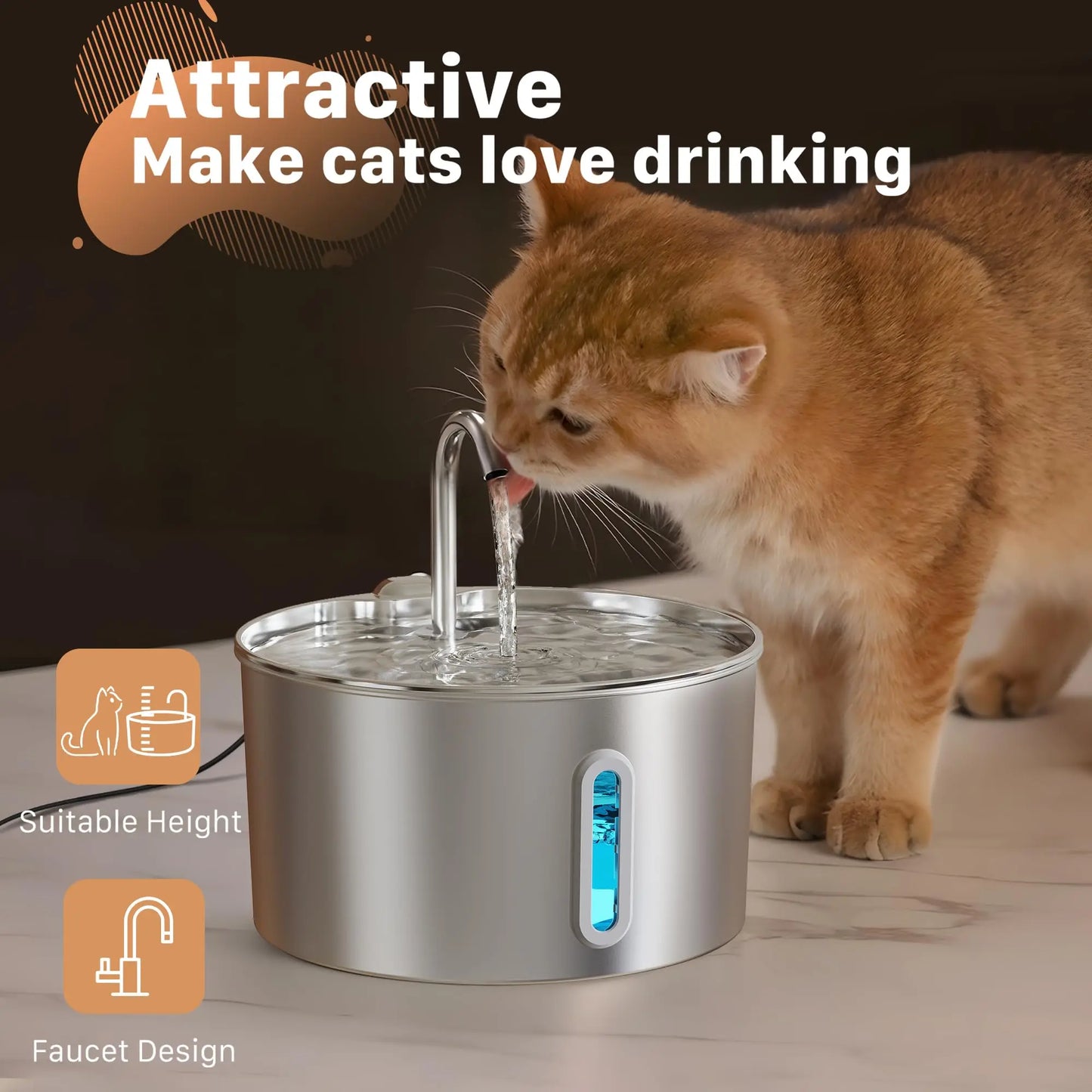 2.2L 自動猫用給水器 ステンレス製ペット用給水器 静音ウォーターポンプ 循環フィルター付き 透明窓付き