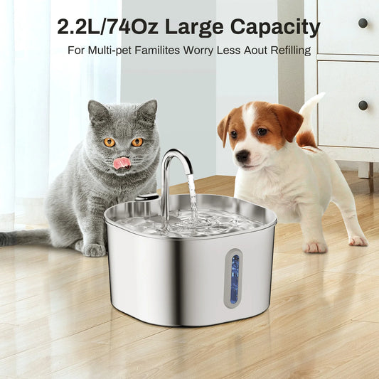 2.2L 自動猫用給水器 ステンレス製ペット用給水器 静音ウォーターポンプ 循環フィルター付き 透明窓付き