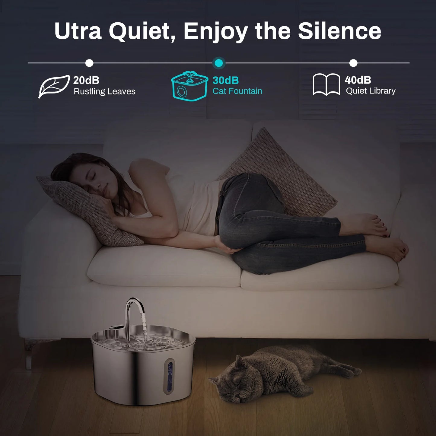 2.2L 自動猫用給水器 ステンレス製ペット用給水器 静音ウォーターポンプ 循環フィルター付き 透明窓付き