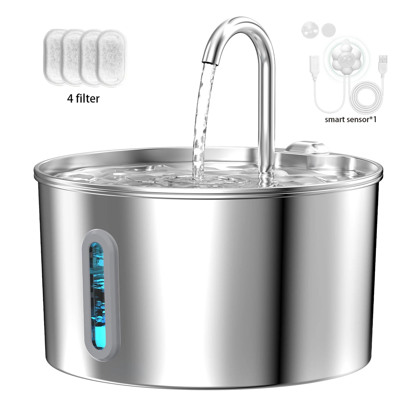 2.2L 自動猫用給水器 ステンレス製ペット用給水器 静音ウォーターポンプ 循環フィルター付き 透明窓付き