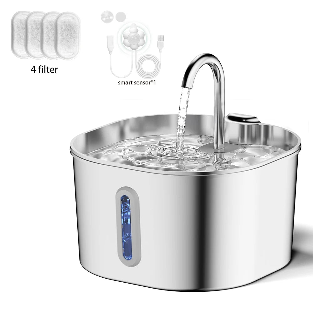 2.2L 自動猫用給水器 ステンレス製ペット用給水器 静音ウォーターポンプ 循環フィルター付き 透明窓付き